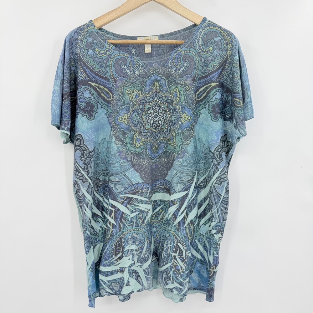 Dressbarn Paisley Abstract Mandala Top Womens Large Blue Rhinestone Smocked